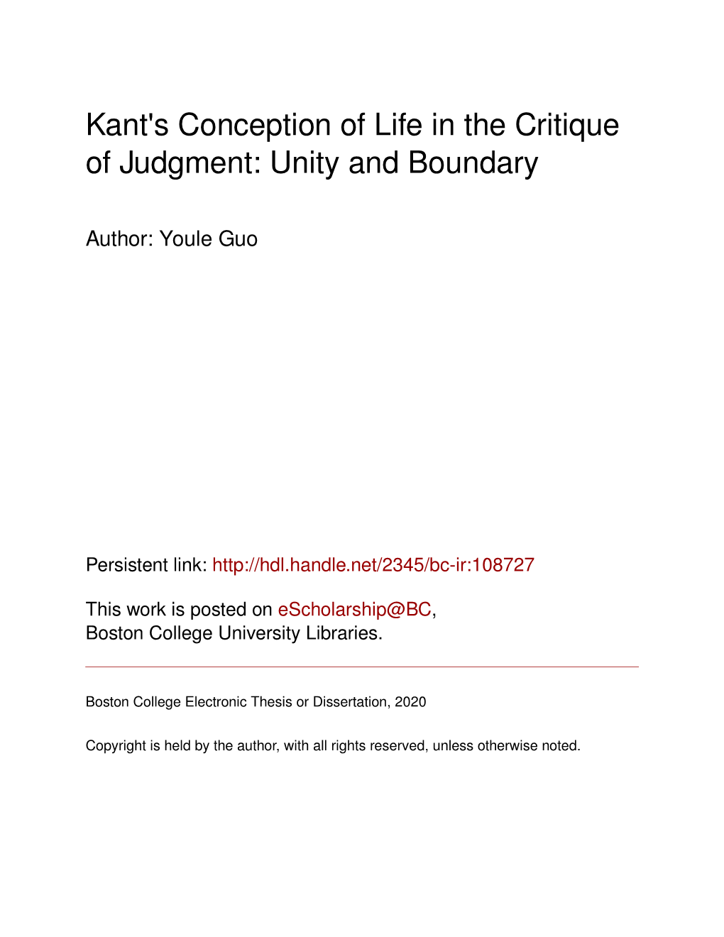 Kant's Conception of Life in the Critique of Judgment: Unity and Boundary