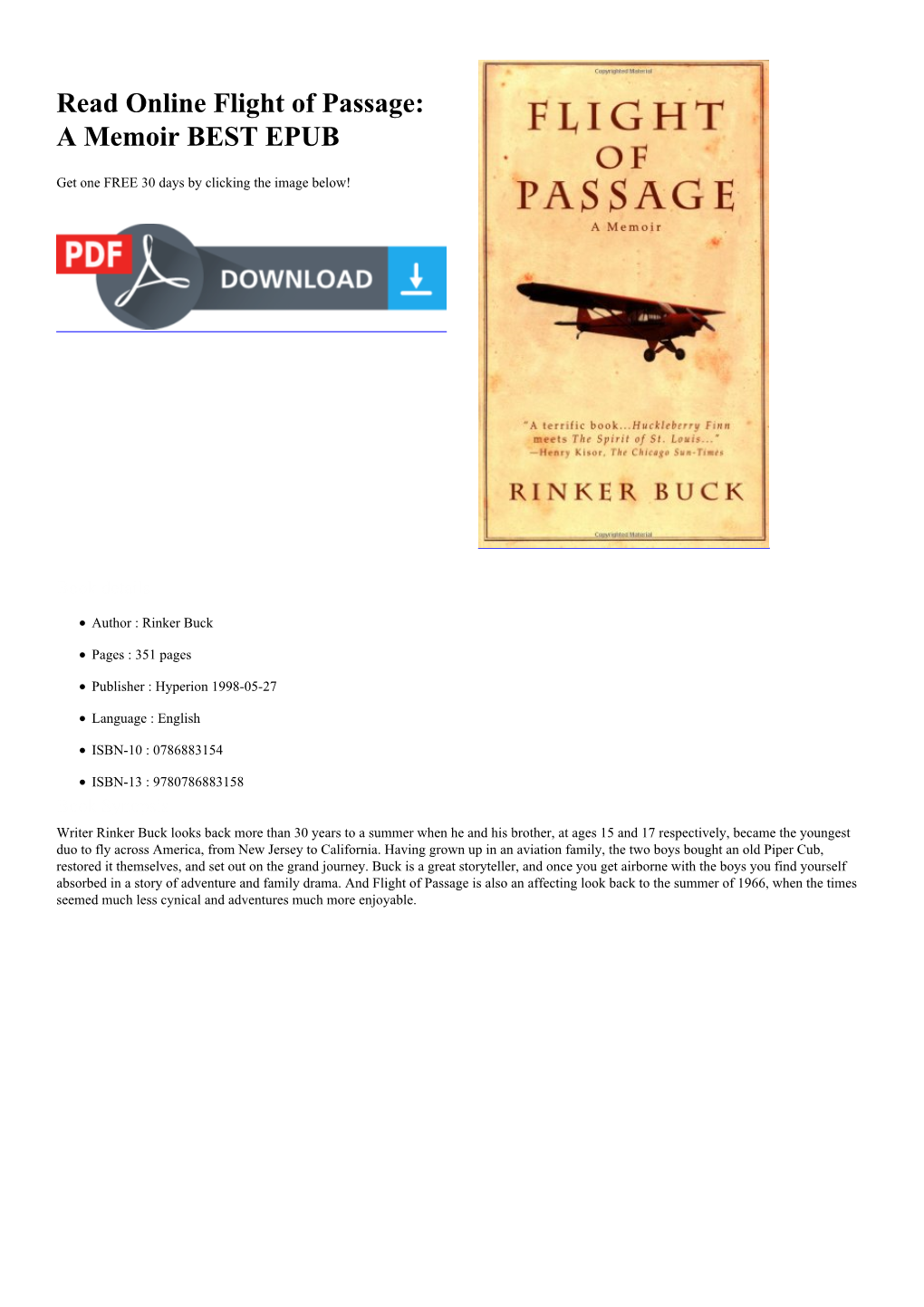 Read Online Flight of Passage: a Memoir BEST EPUB