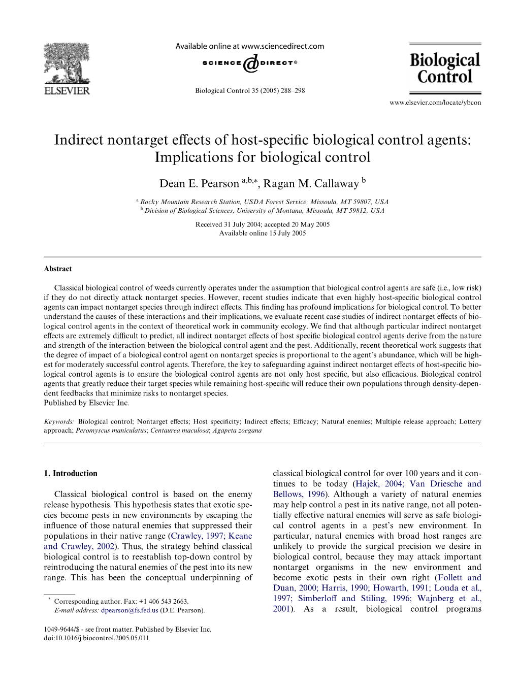 Indirect Nontarget Effects of Host-Specific Biological Control Agents