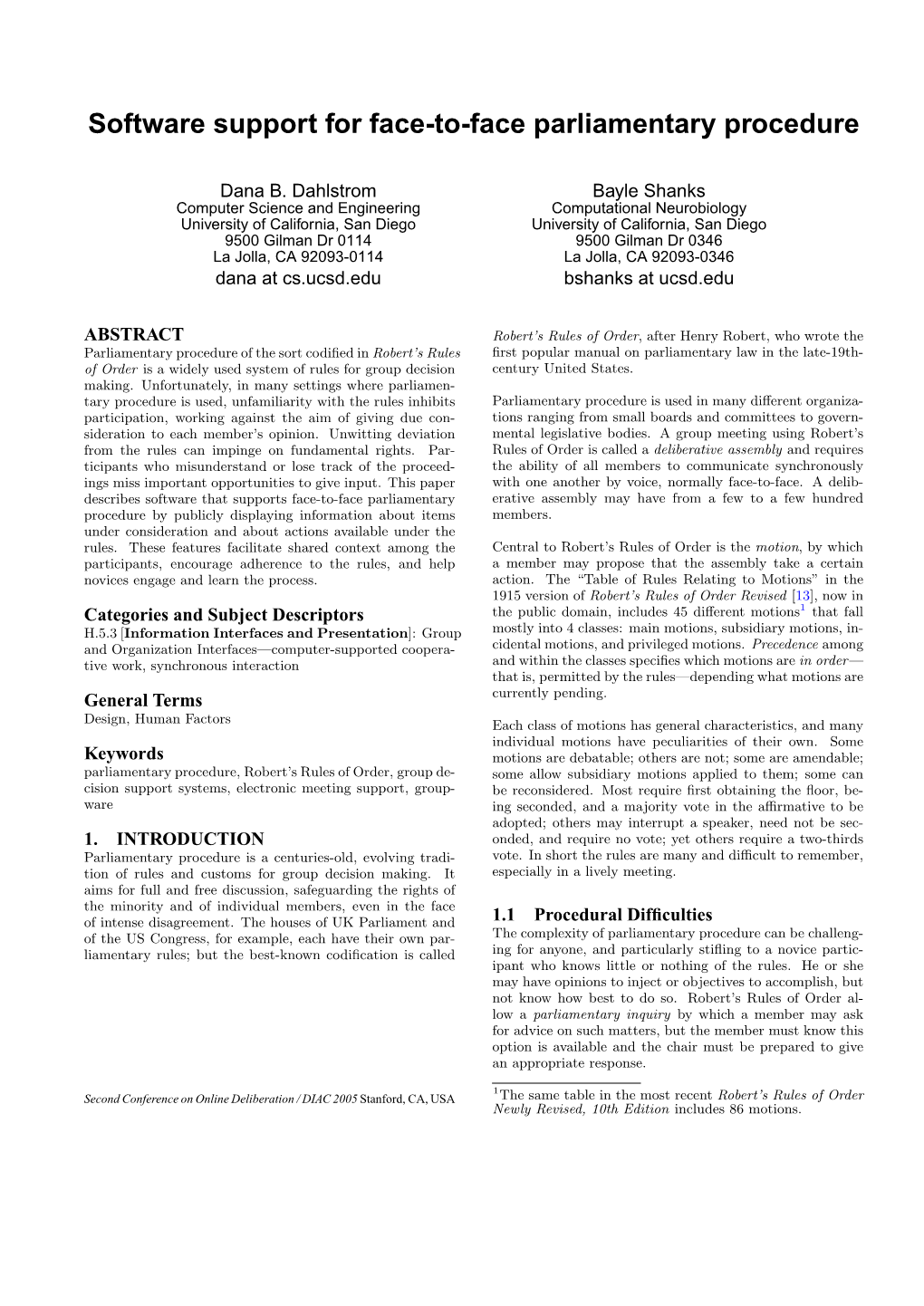 Software Support for Face-To-Face Parliamentary Procedure