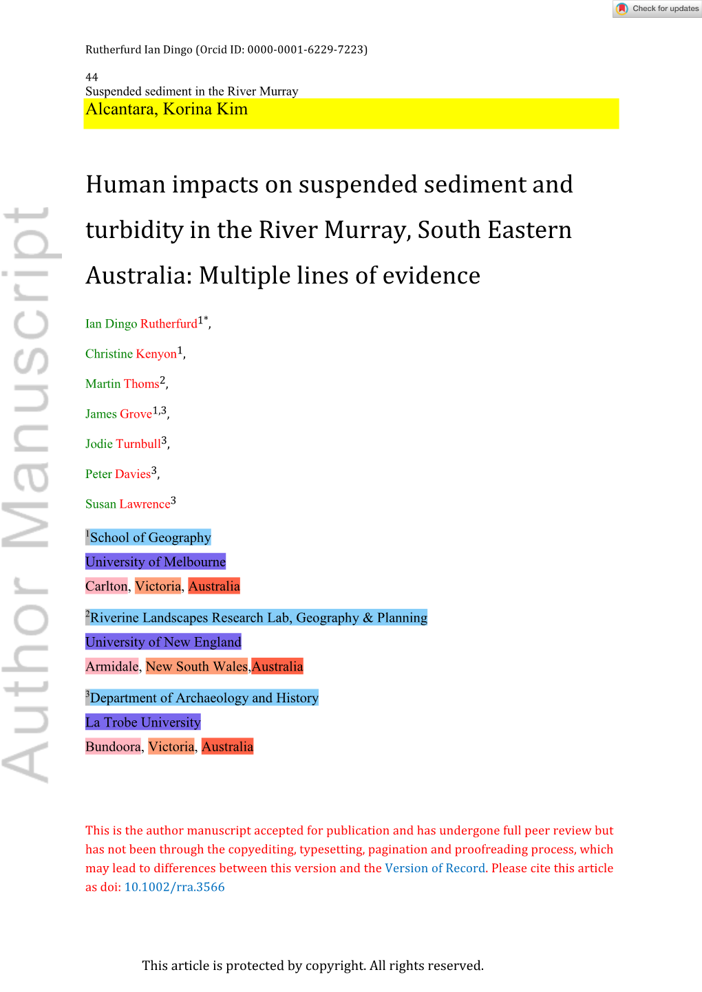 Human Impacts on Suspended Sediment and Turbidity in the River Murray, South Eastern Australia: Multiple Lines of Evidence