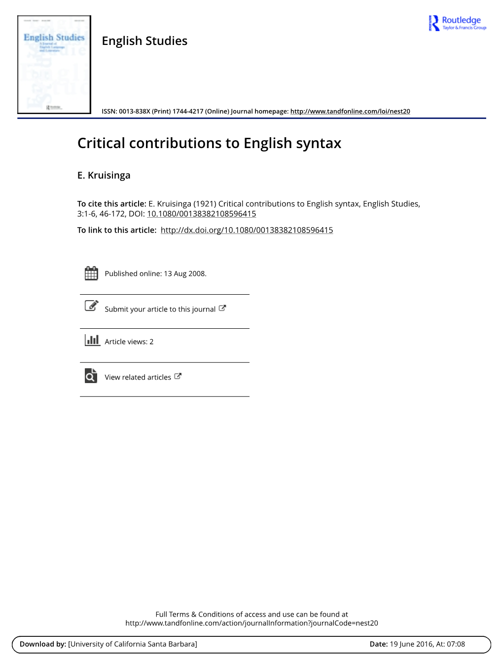 Critical Contributions to English Syntax