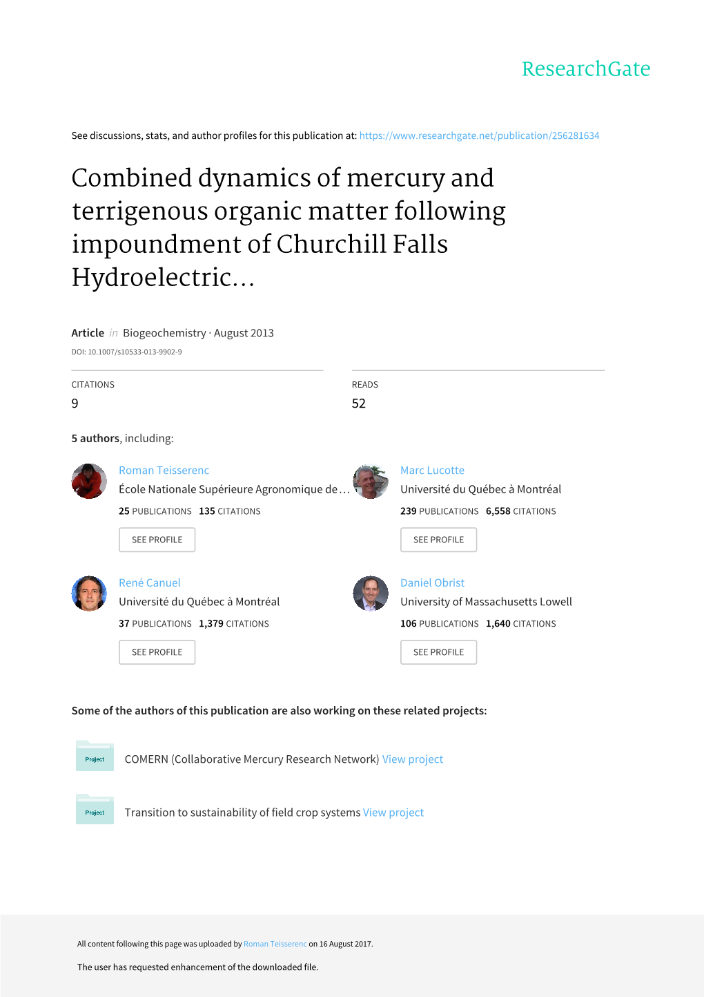 Combined Dynamics of Mercury and Terrigenous Organic Matter Following Impoundment of Churchill Falls Hydroelectric