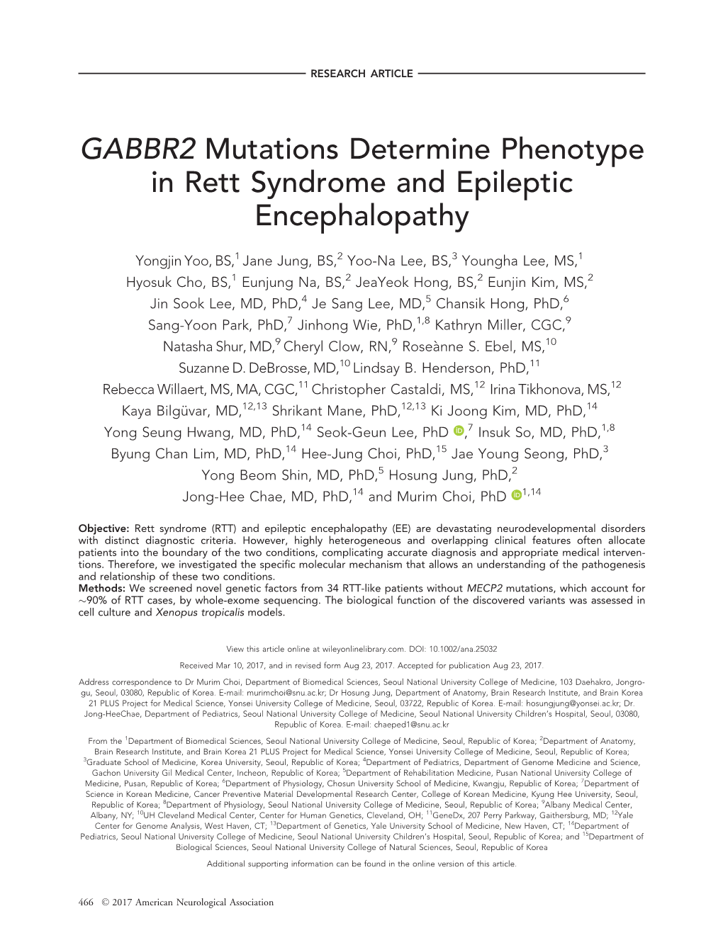 GABBR2 Mutations Determine Phenotype in Rett Syndrome and Epileptic Encephalopathy