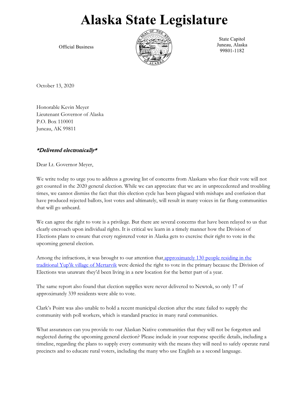 October 13 Letter from Lawmakers to Lt. Gov. Kevin Meyer