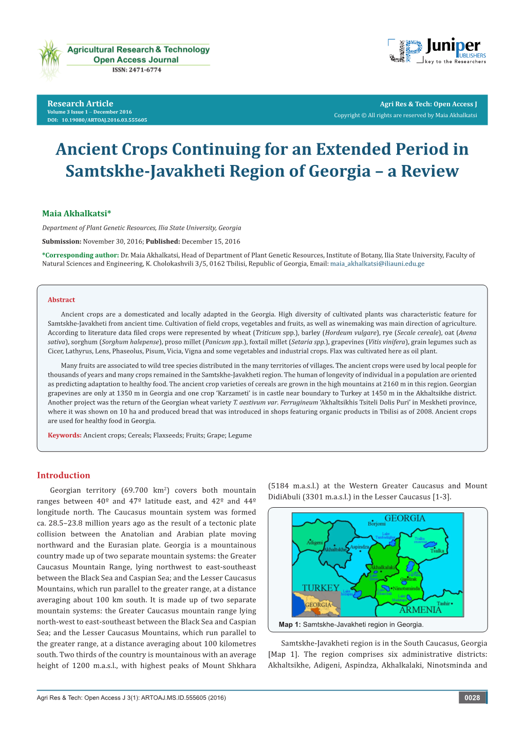 Ancient Crops Continuing for an Extended Period in Samtskhe-Javakheti Region of Georgia – a Review