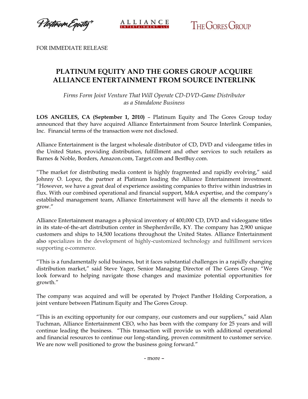 Platinum Equity and the Gores Group Acquire Alliance Entertainment from Source Interlink