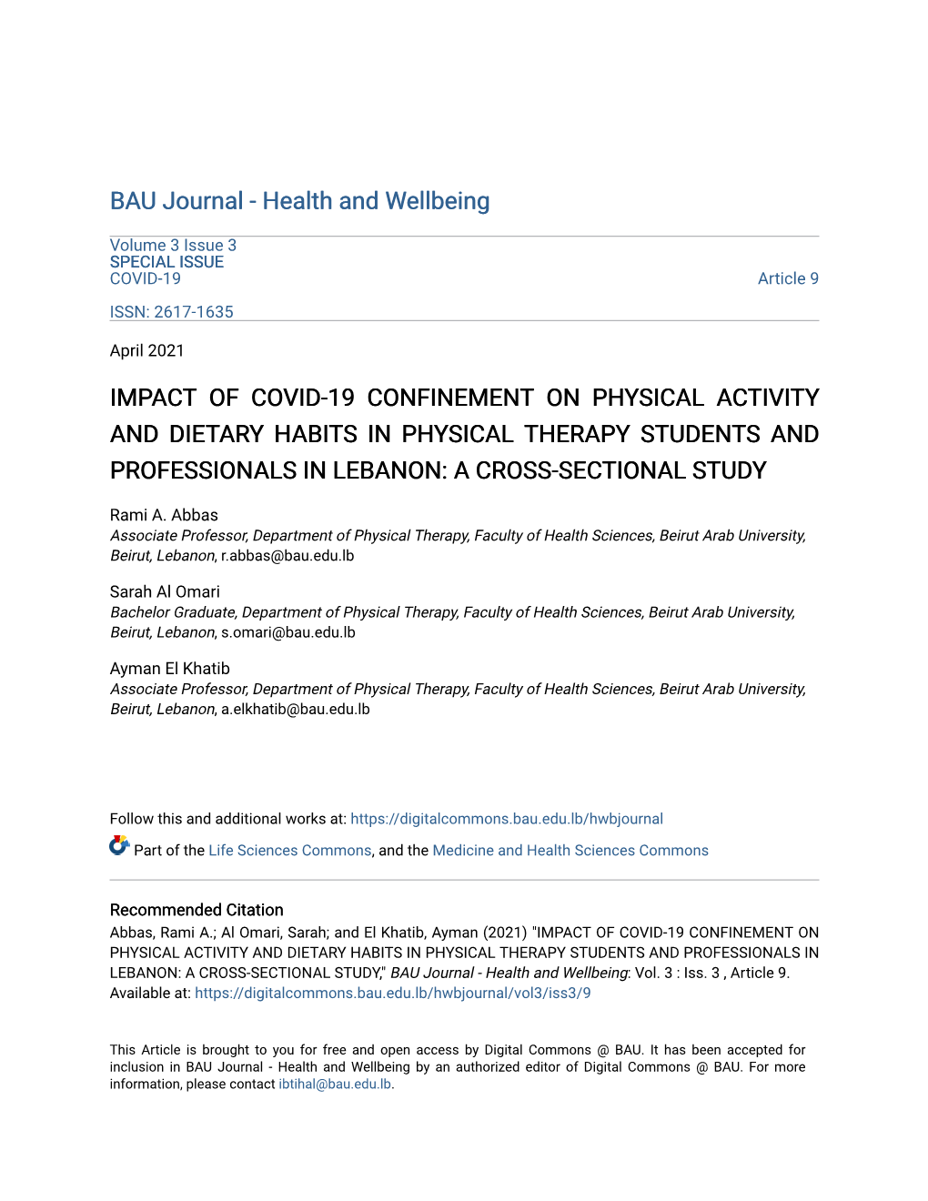 Impact of Covid-19 Confinement on Physical Activity and Dietary Habits in Physical Therapy Students and Professionals in Lebanon: a Cross-Sectional Study