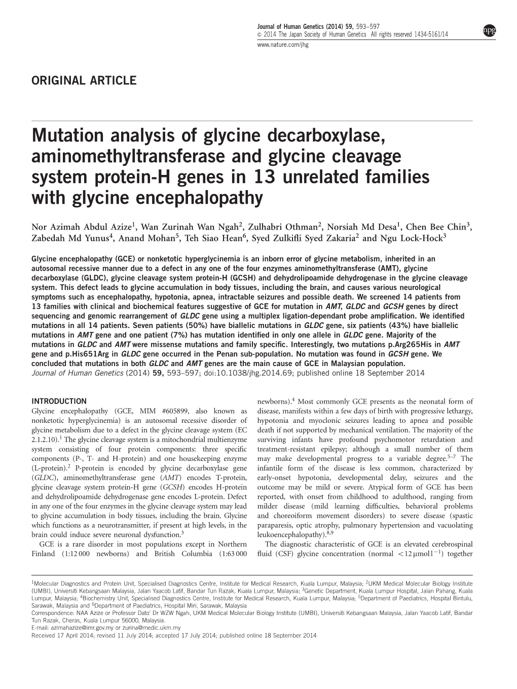 Mutation Analysis of Glycine Decarboxylase, Aminomethyltransferase and Glycine Cleavage System Protein-H Genes in 13 Unrelated Families with Glycine Encephalopathy