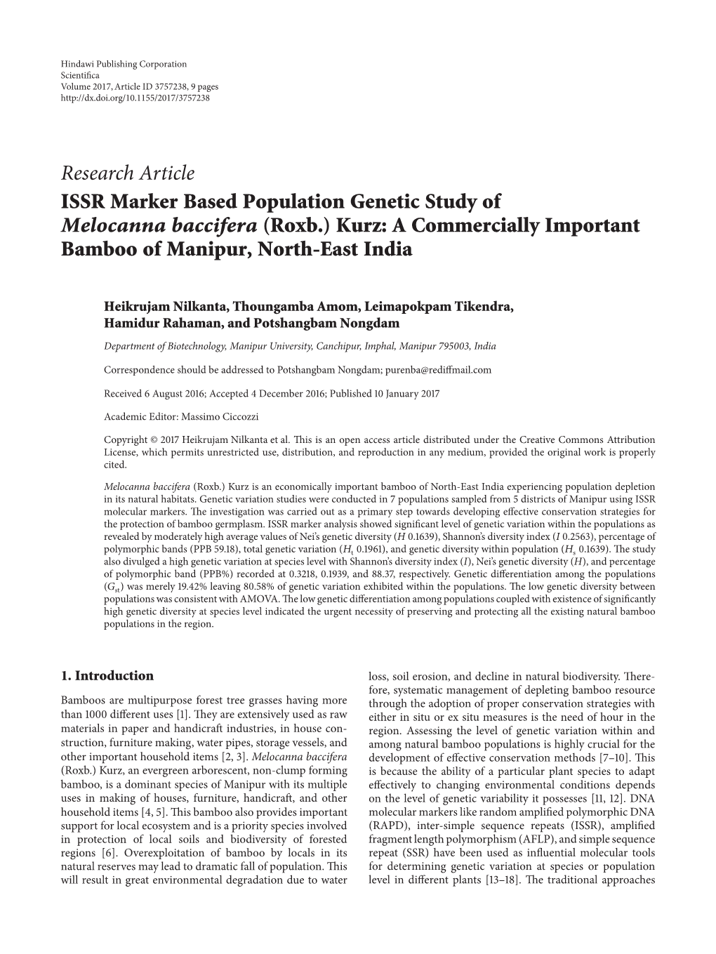 Research Article ISSR Marker Based Population Genetic Study of Melocanna Baccifera (Roxb.) Kurz: a Commercially Important Bamboo of Manipur, North-East India