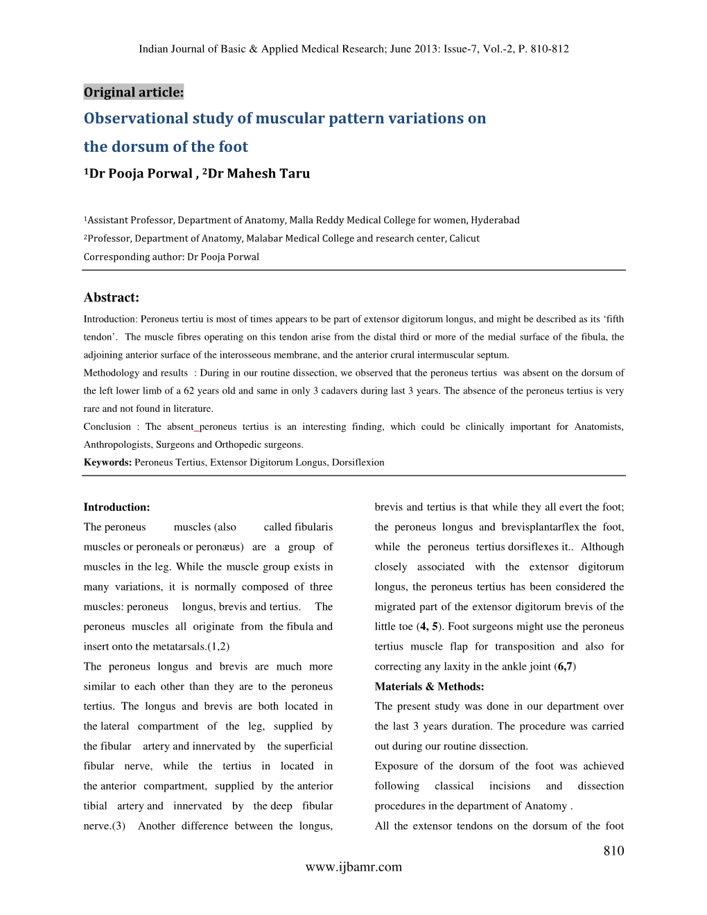 Observational Study of Muscular Pattern Variations on the Dorsum of the Foot 1Dr Pooja Porwal , 2Dr Mahesh Taru