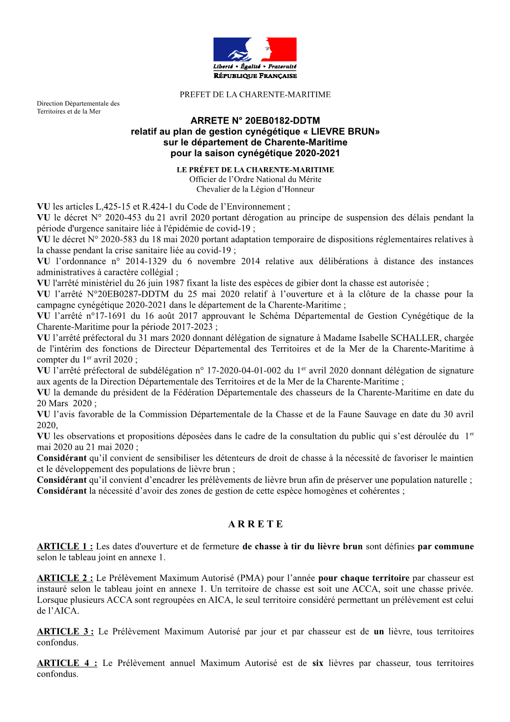 ARRETE N° 20EB0182-DDTM Relatif Au Plan De Gestion Cynégétique « LIEVRE BRUN» Sur Le Département De Charente-Maritime Pour La Saison Cynégétique 2020-2021