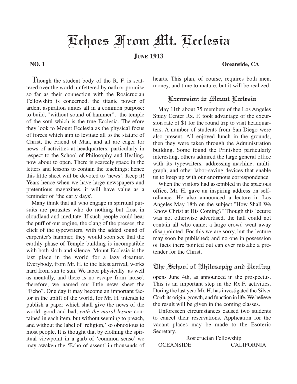 Echos of Mount Ecclesia Published by Max Heindel from June 1913