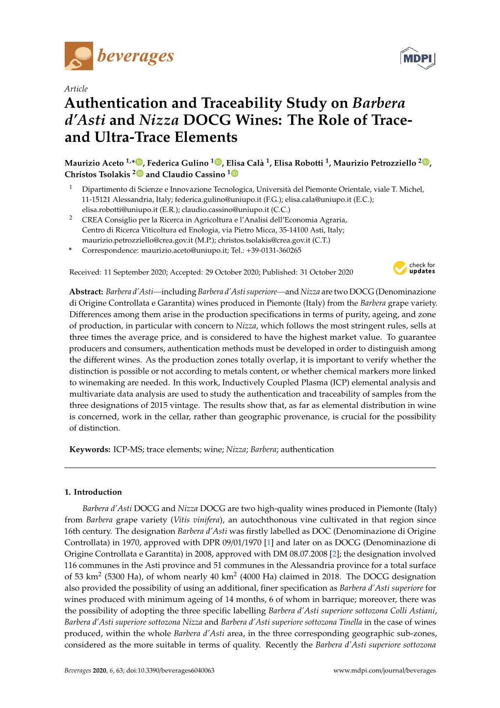 Authentication and Traceability Study on Barbera D'asti and Nizza