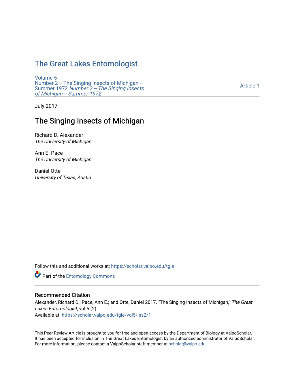 The Singing Insects of Michigan -- Summer 1972 Number 2 -- the Singing Insects Article 1 of Michigan -- Summer 1972