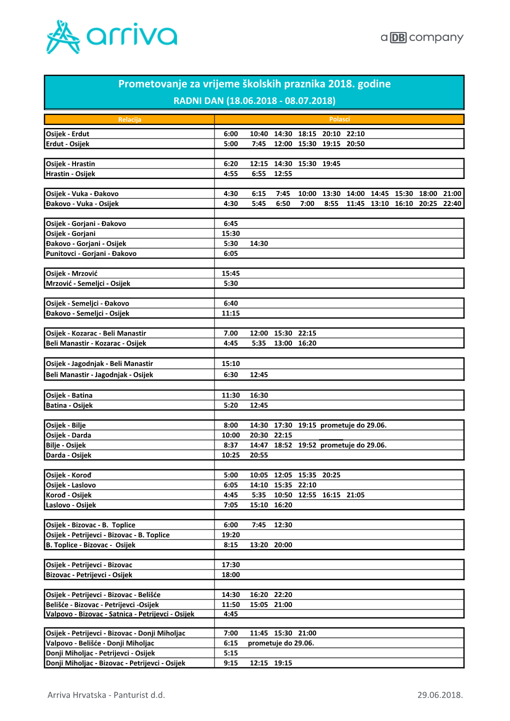 Prometovanje Za Vrijeme Školskih Praznika 2018. Godine RADNI DAN (18.06.2018 - 08.07.2018)