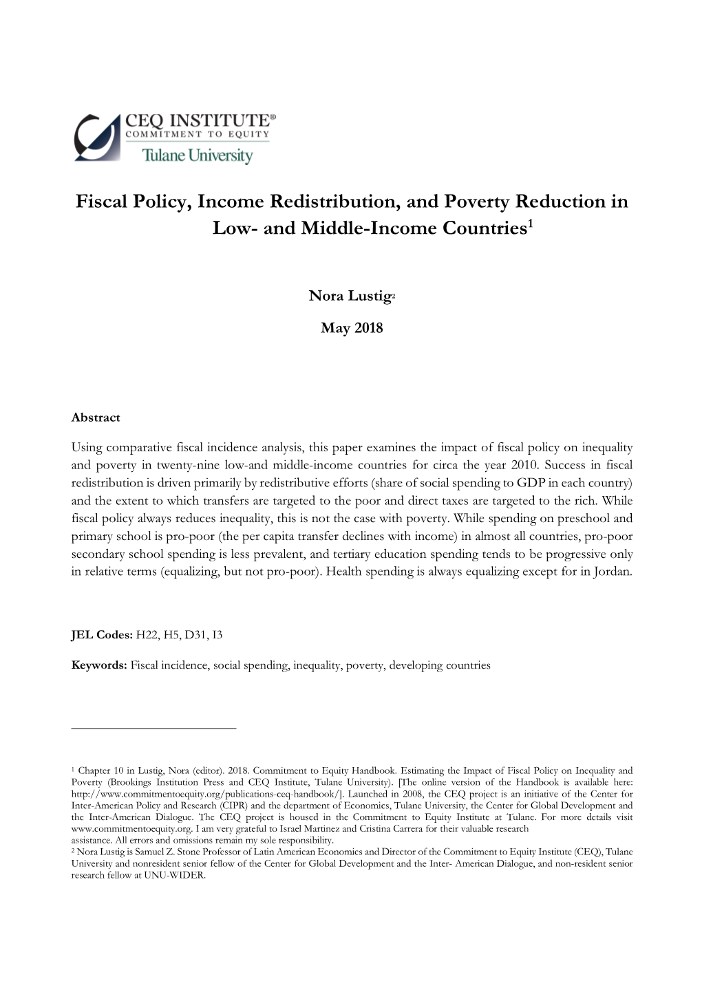 Fiscal Policy, Income Redistribution, and Poverty Reduction in Low- and Middle-Income Countries1