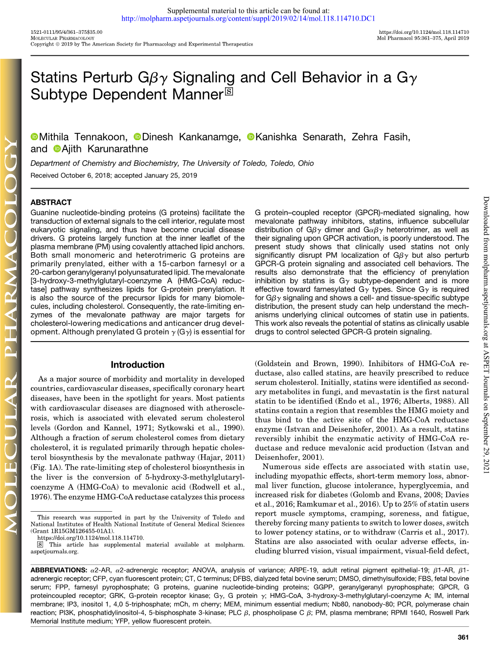 Statins Perturb Gβγ Signaling and Cell Behavior in a Gγ Subtype