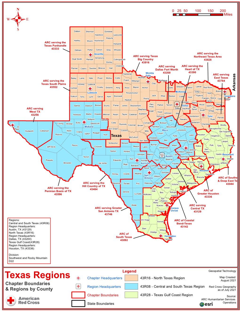 Texas Regions August 2021 Chapter Boundaries Region Headquarters 43R08 - Central and South Texas Region Red Cross Geography & Regions by County As of July 2021