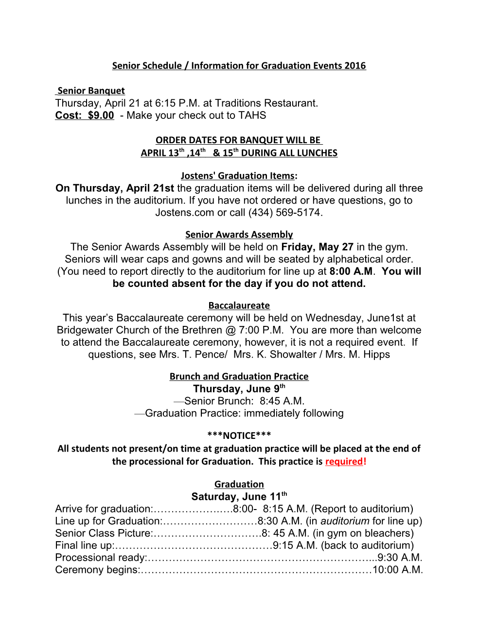 Senior Schedule / Information for Graduation Events 2016