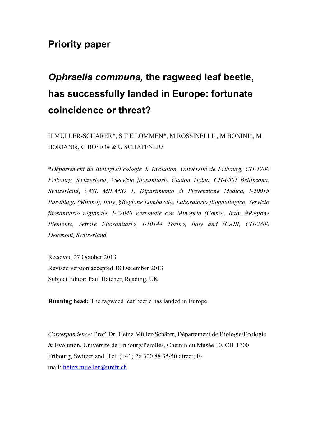 Priority Paper Ophraella Communa, the Ragweed Leaf Beetle, Has Successfully Landed in Europe