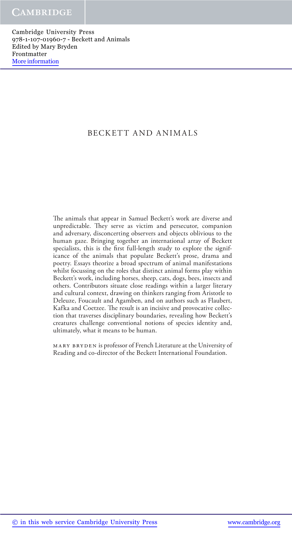 Beckett and Animals Edited by Mary Bryden Frontmatter More Information