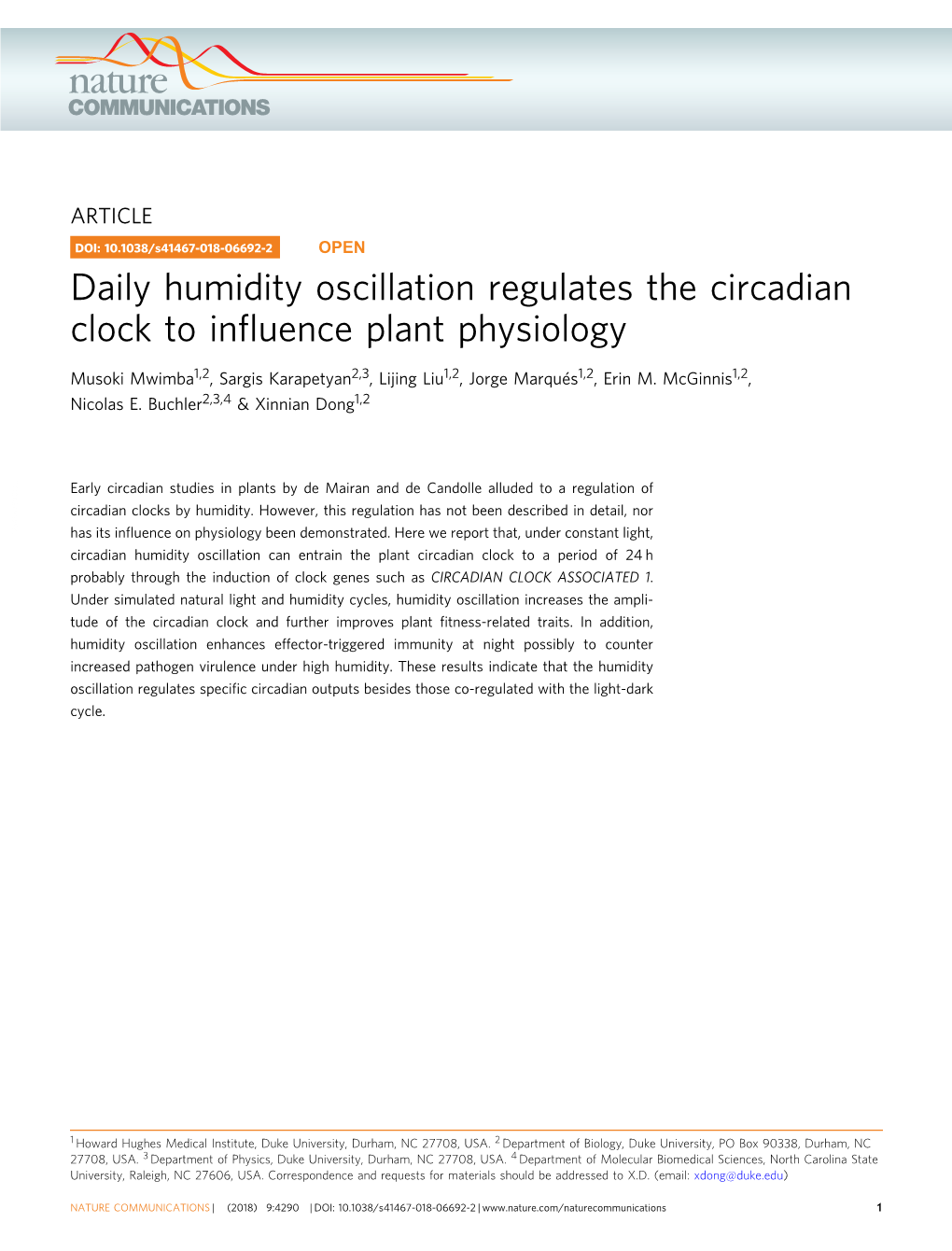 Daily Humidity Oscillation Regulates the Circadian Clock to Influence Plant