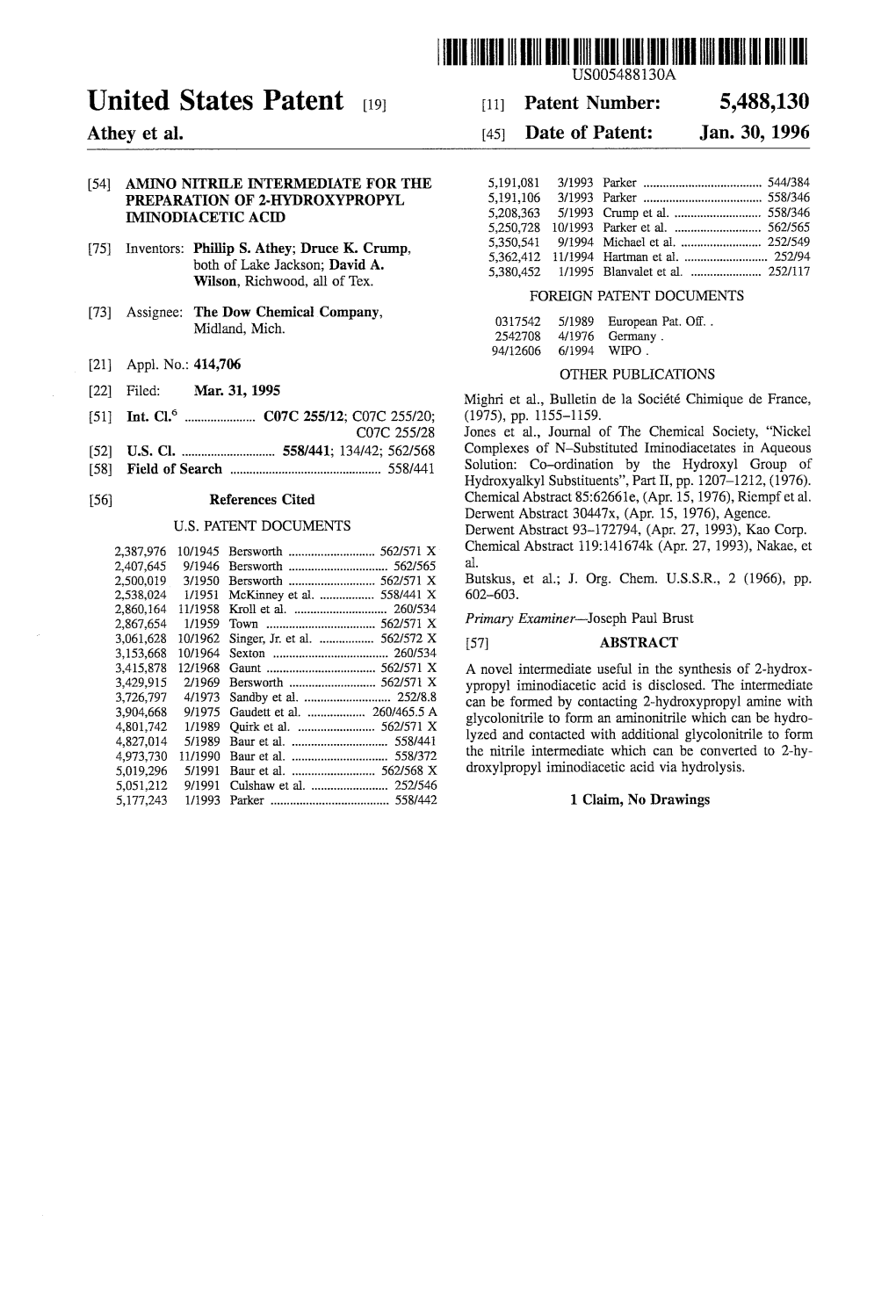 ||||III USOO5488130A United States Patent (19) 11 Patent Number: 5,488,130 Athey Et Al