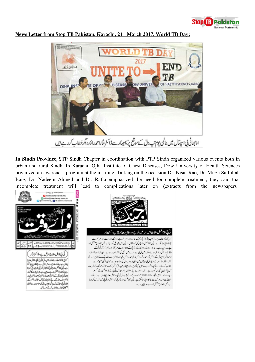 News Letter from Stop TB Pakistan, Karachi, 24Th March 2017, World