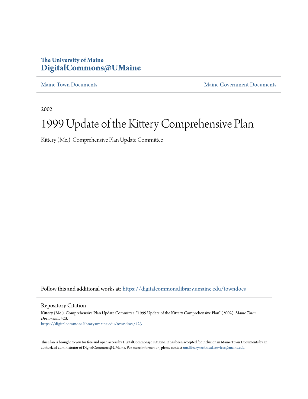 1999 Update of the Kittery Comprehensive Plan Kittery (Me.)