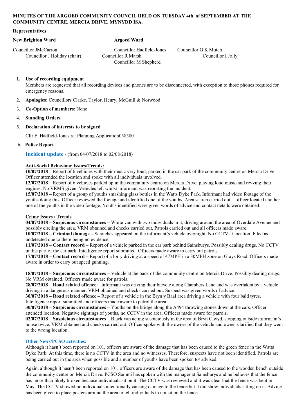 MINUTES of the ARGOED COMMUNITY COUNCIL HELD on TUESDAY 4Th of SEPTEMBER at the COMMUNITY CENTRE, MERCIA DRIVE, MYNYDD ISA