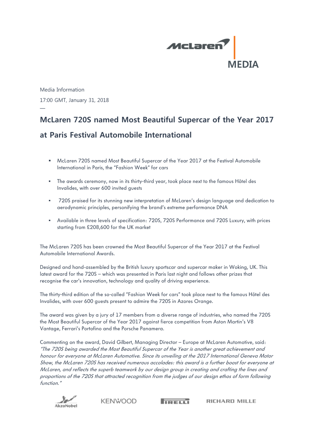 Mclaren 720S Named Most Beautiful Supercar of the Year 2017 at Paris Festival Automobile International