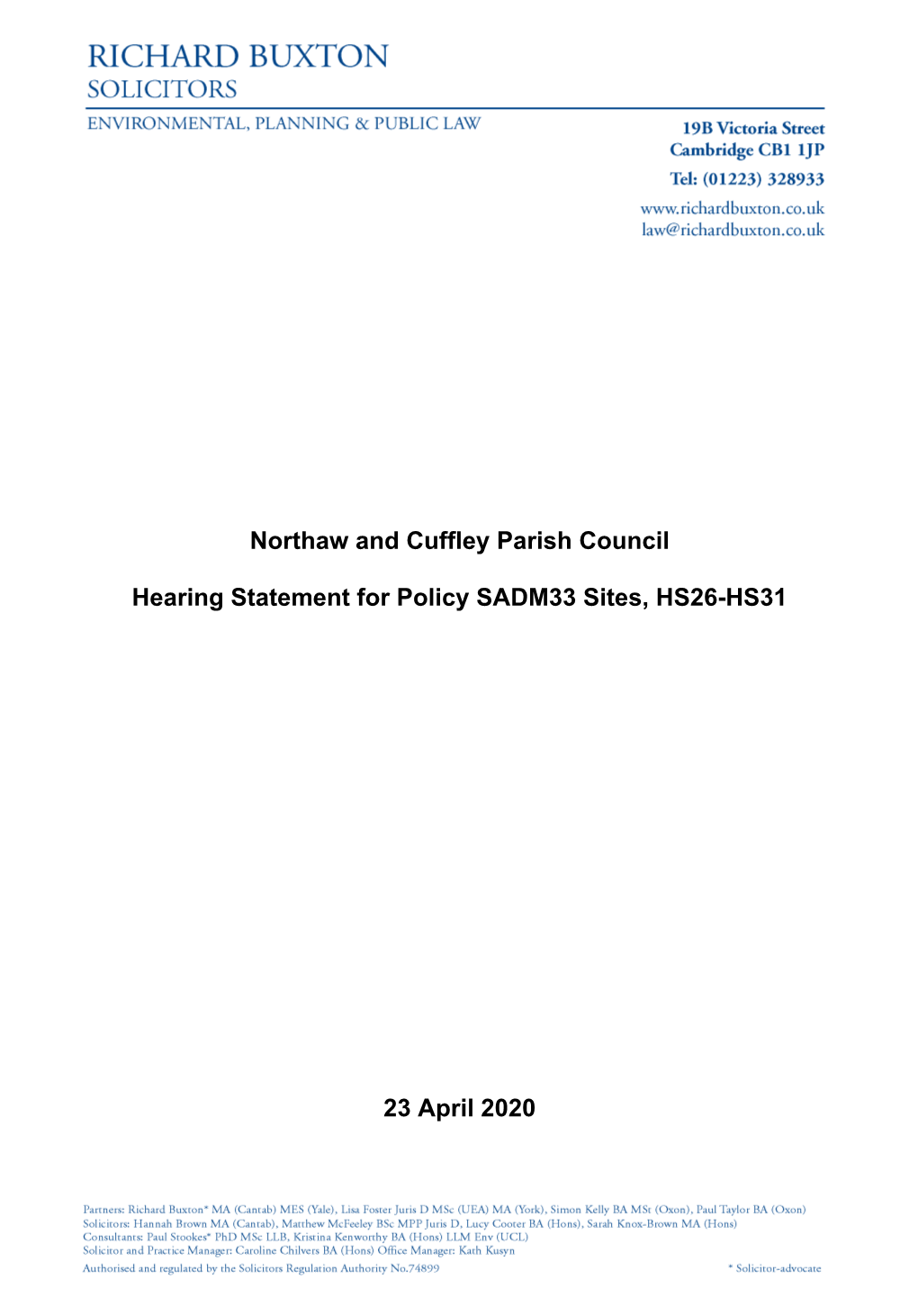 Northaw and Cuffley Parish Council Hearing Statement for Policy