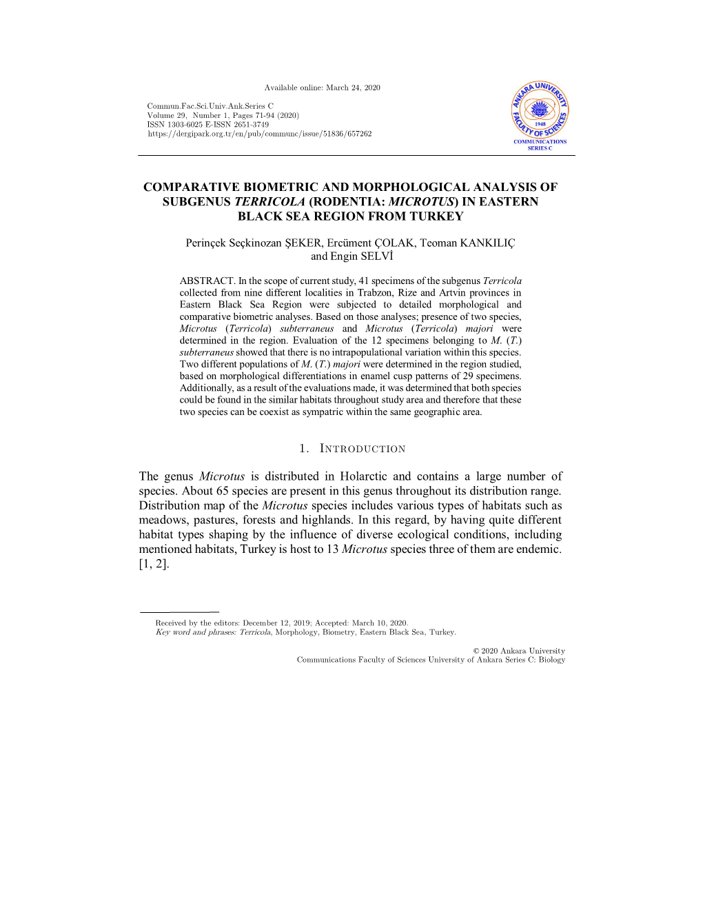 Comparative Biometric and Morphological Analysis of Subgenus Terricola (Rodentia: Microtus) in Eastern Black Sea Region from Turkey