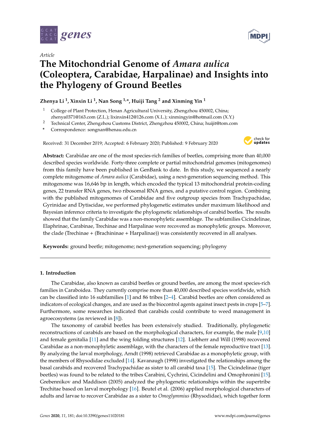 The Mitochondrial Genome of Amara Aulica (Coleoptera, Carabidae, Harpalinae) and Insights Into the Phylogeny of Ground Beetles