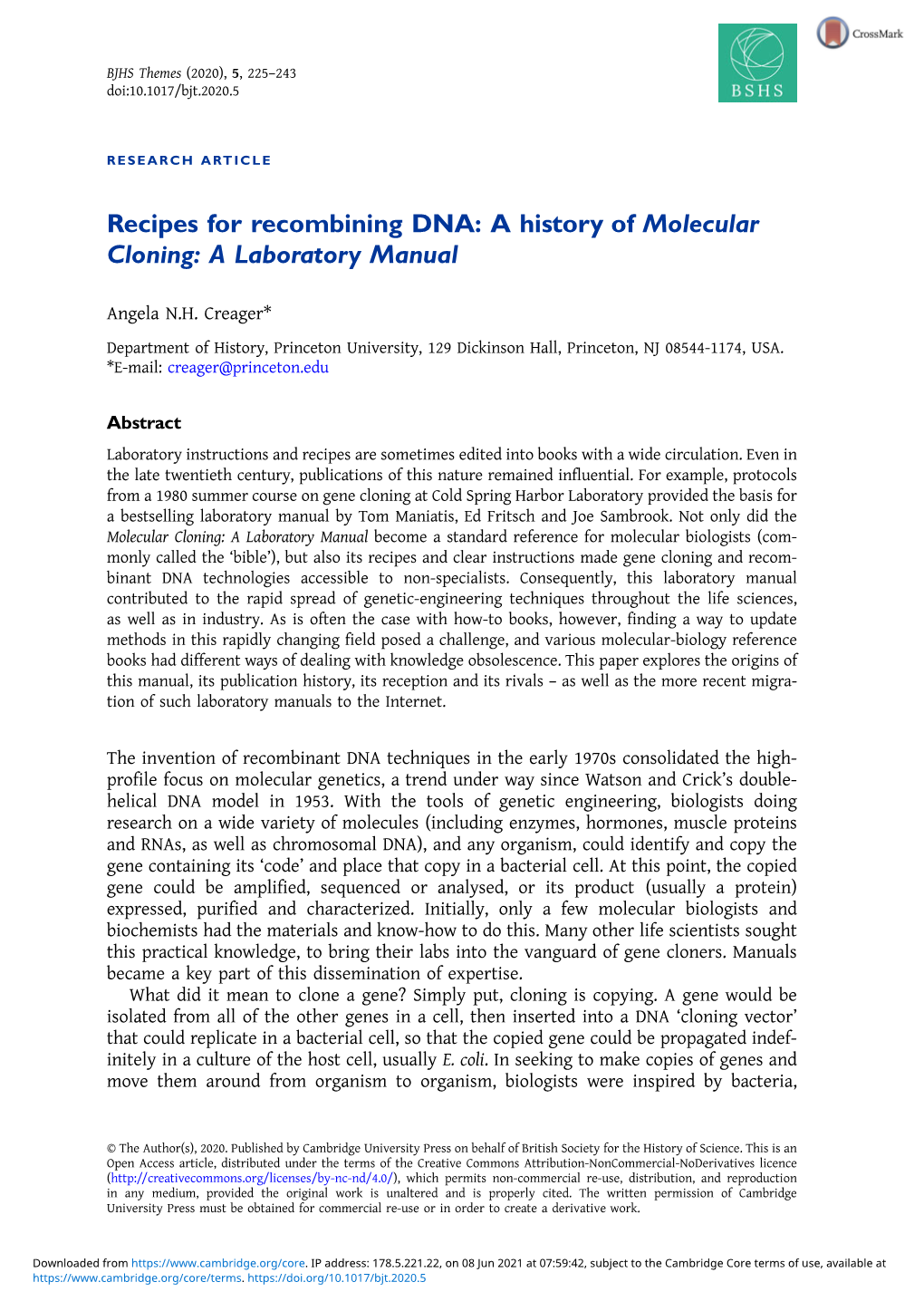 Recipes for Recombining DNA: a History of Molecular Cloning: a Laboratory Manual