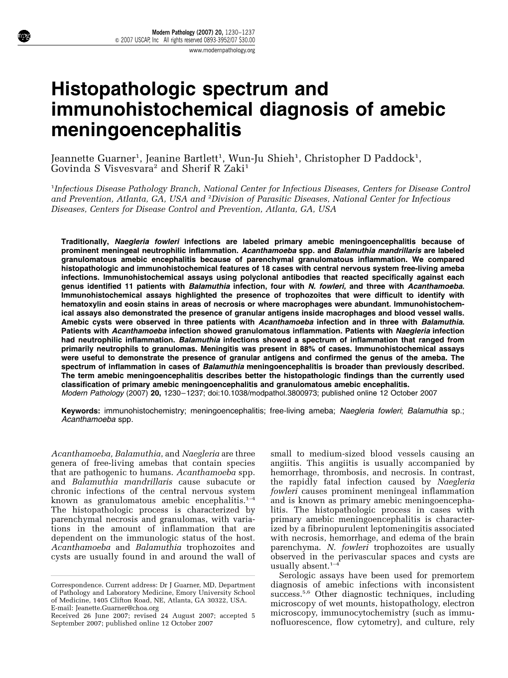Histopathologic Spectrum and Immunohistochemical Diagnosis of Amebic Meningoencephalitis