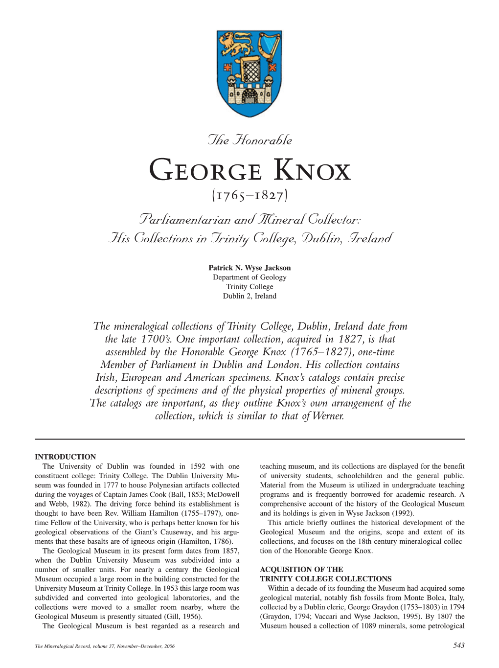 George Knox (1765–1827) Parliamentarian and Mineral Collector: His Collections in Trinity College, Dublin, Ireland