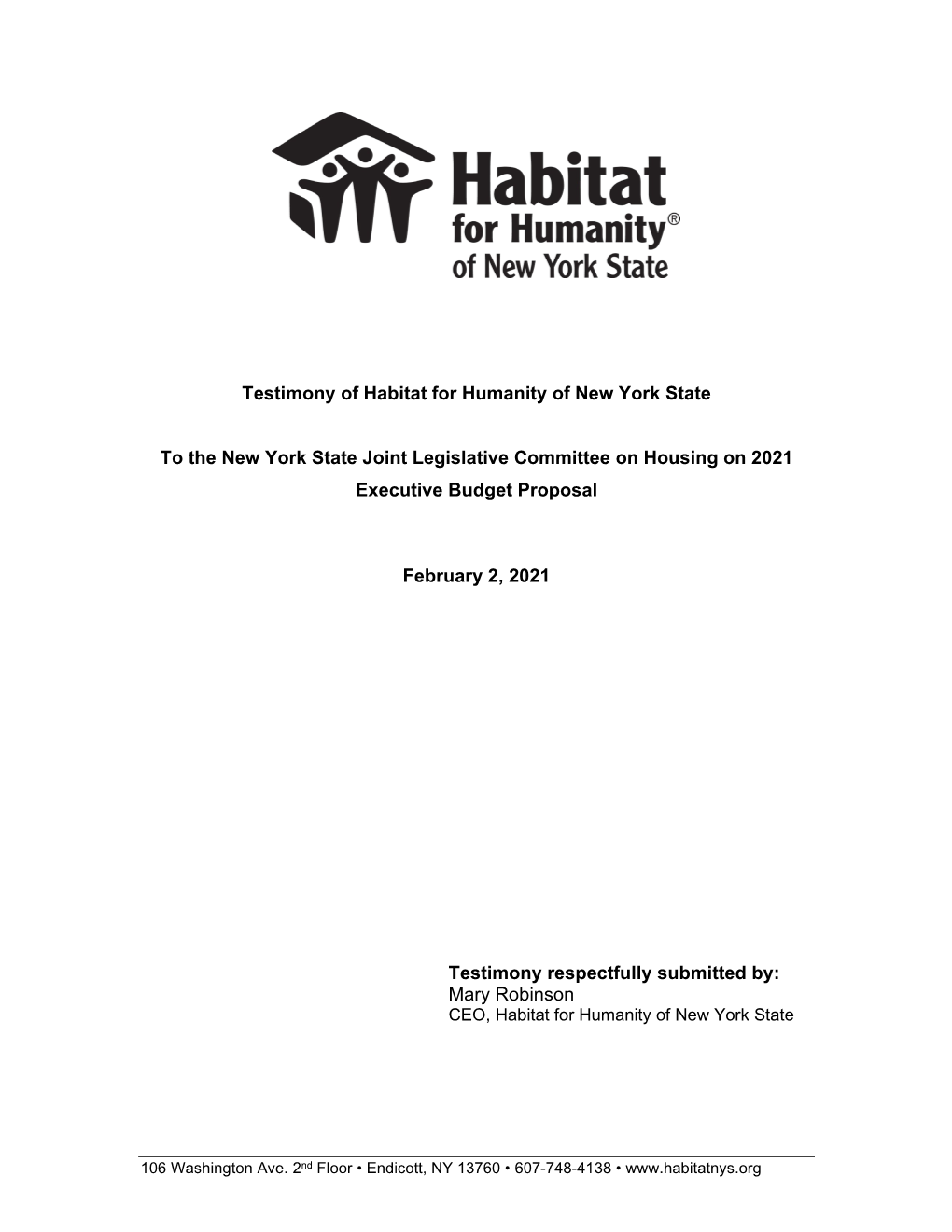 Testimony of Habitat for Humanity of New York State to the New York State Joint Legislative Committee on Housing on 2021 Executi