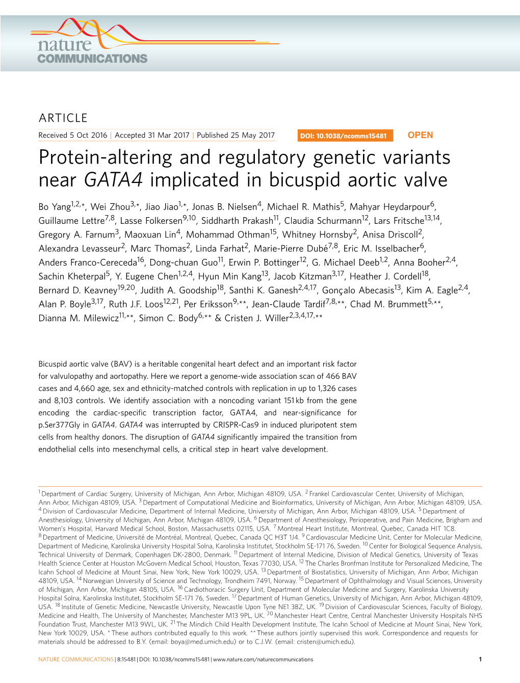 Protein-Altering and Regulatory Genetic Variants Near GATA4 Implicated in Bicuspid Aortic Valve
