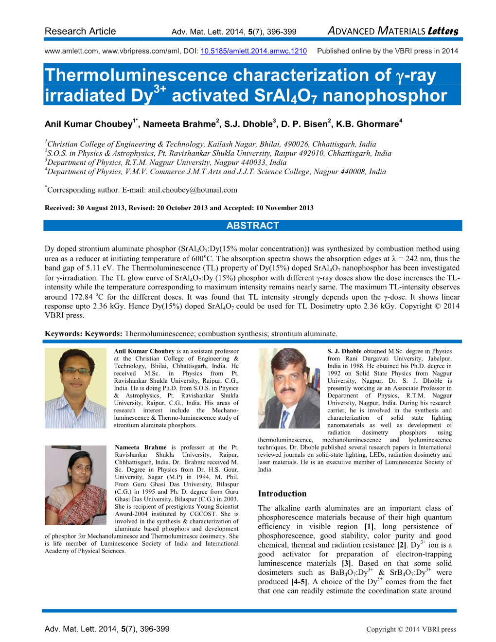 Thermoluminescence Characterization of -Ray 3+ Irradiated Dy Activated Sral4o7 Nanophosphor