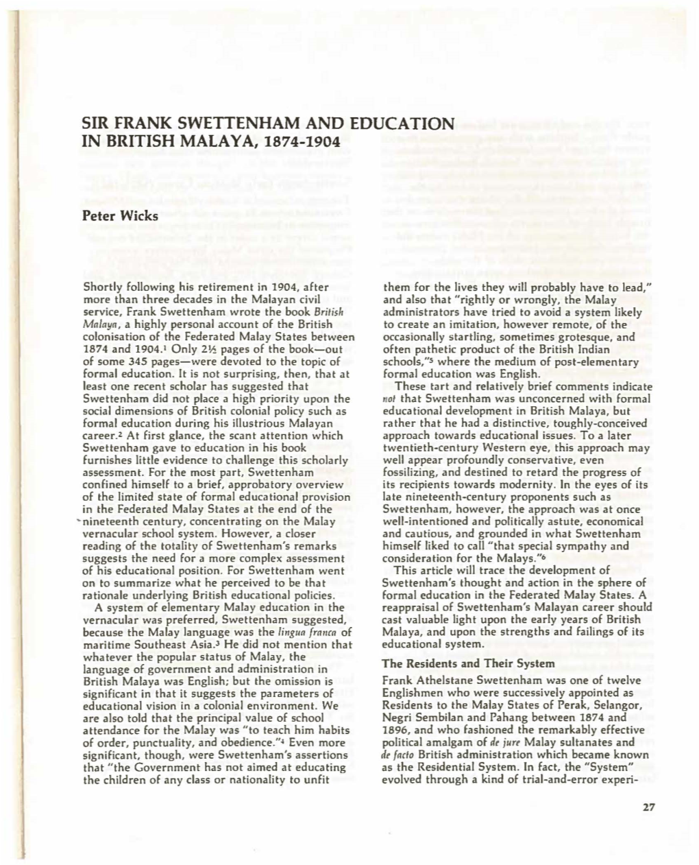 Sir Frank Swettenham and Education in British Malay A, 1874-1904