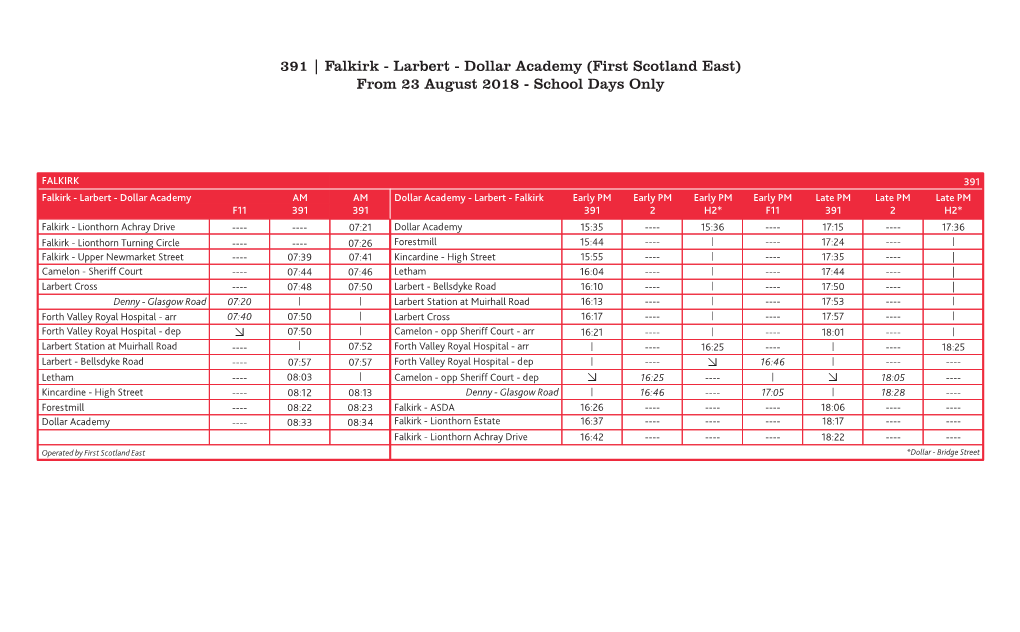 391 | Falkirk - Larbert - Dollar Academy (First Scotland East) from 23 August 2018 - School Days Only