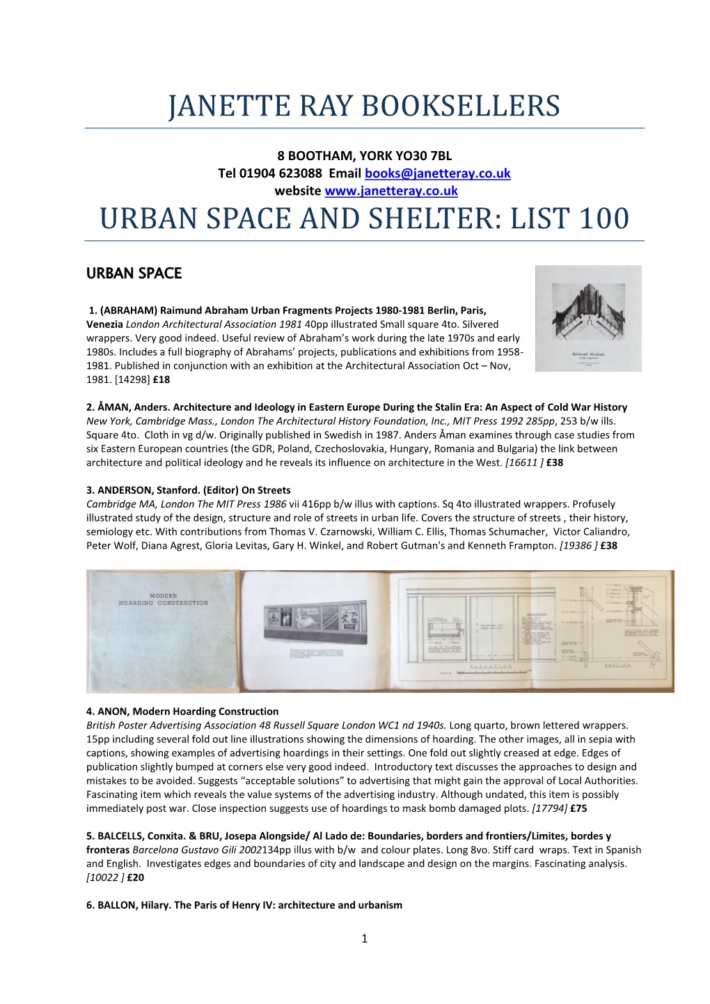 Janette Ray Booksellers Urban Space and Shelter: List