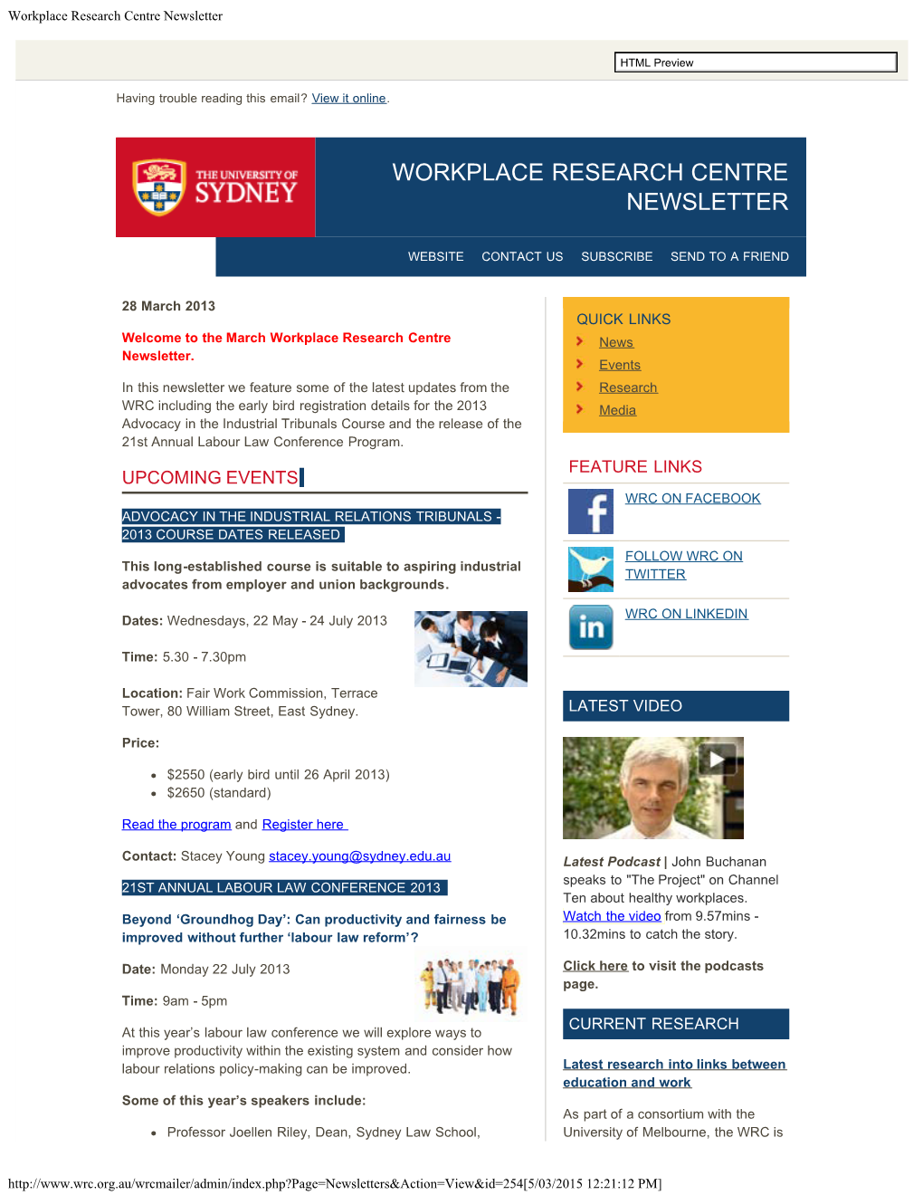 Workplace Research Centre Newsletter