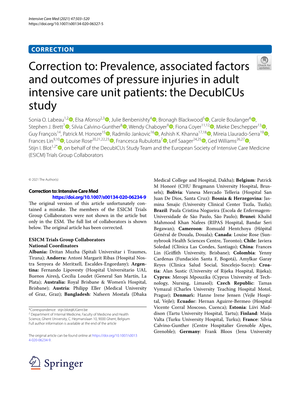 Prevalence, Associated Factors and Outcomes of Pressure Injuries in Adult Intensive Care Unit Patients: the Decubicus Study Sonia O