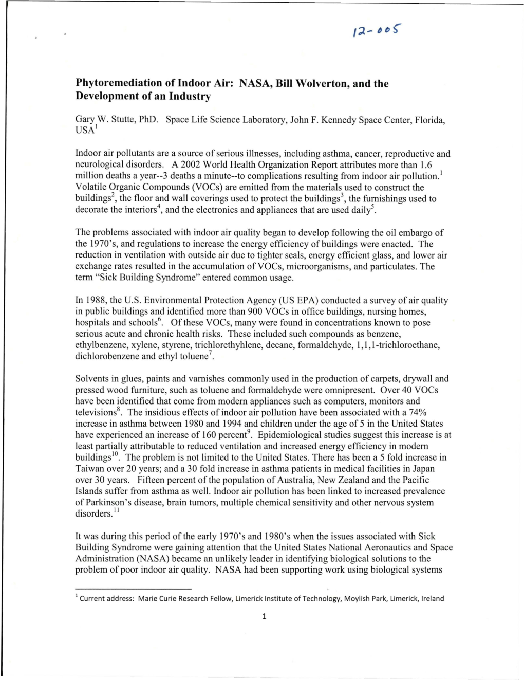 Phytoremediation of Indoor Air: NASA, Bill Wolverton, and the Development of an Industry