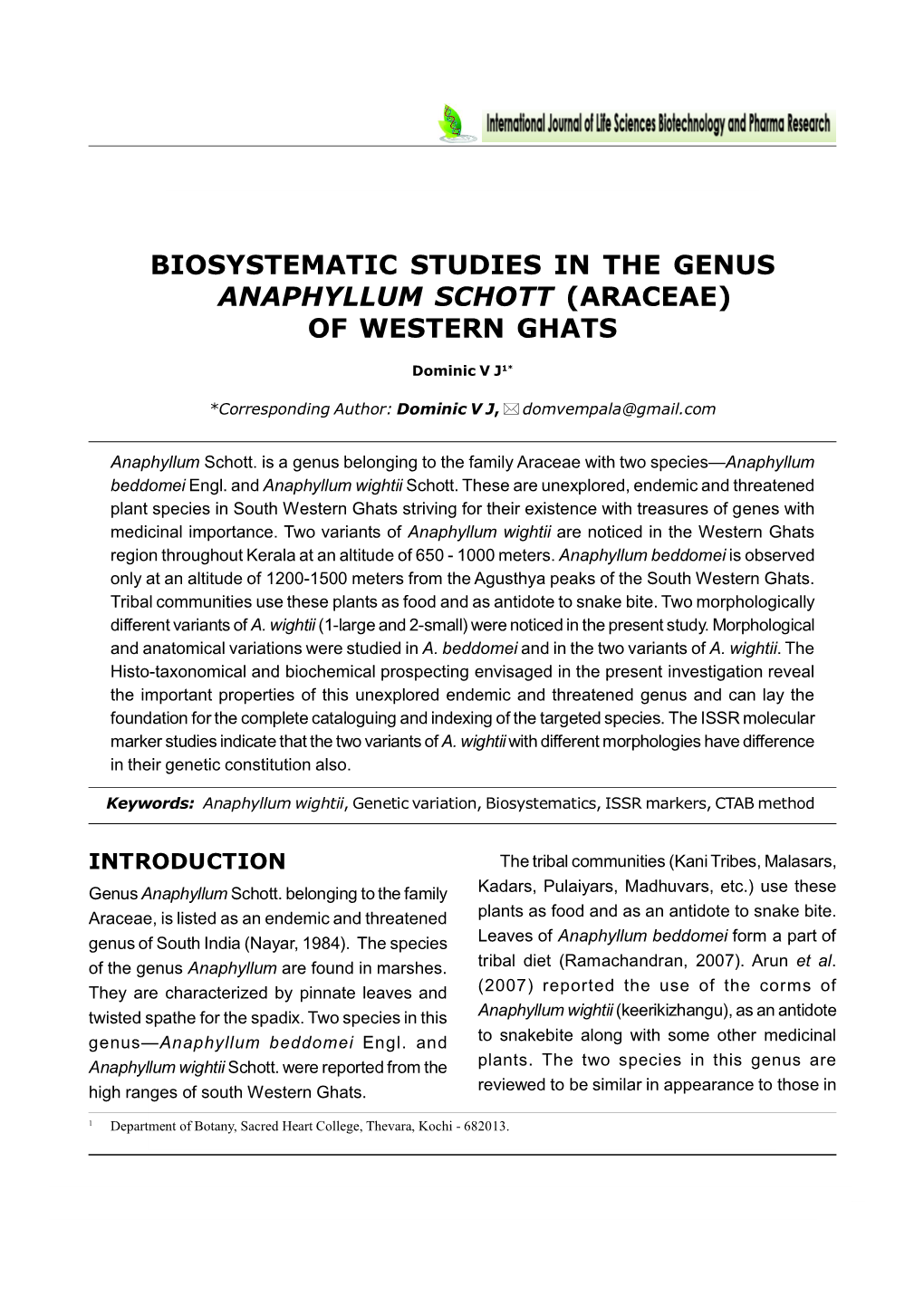 Biosystematic Studies in the Genus Anaphyllum Schott (Araceae) of Western Ghats