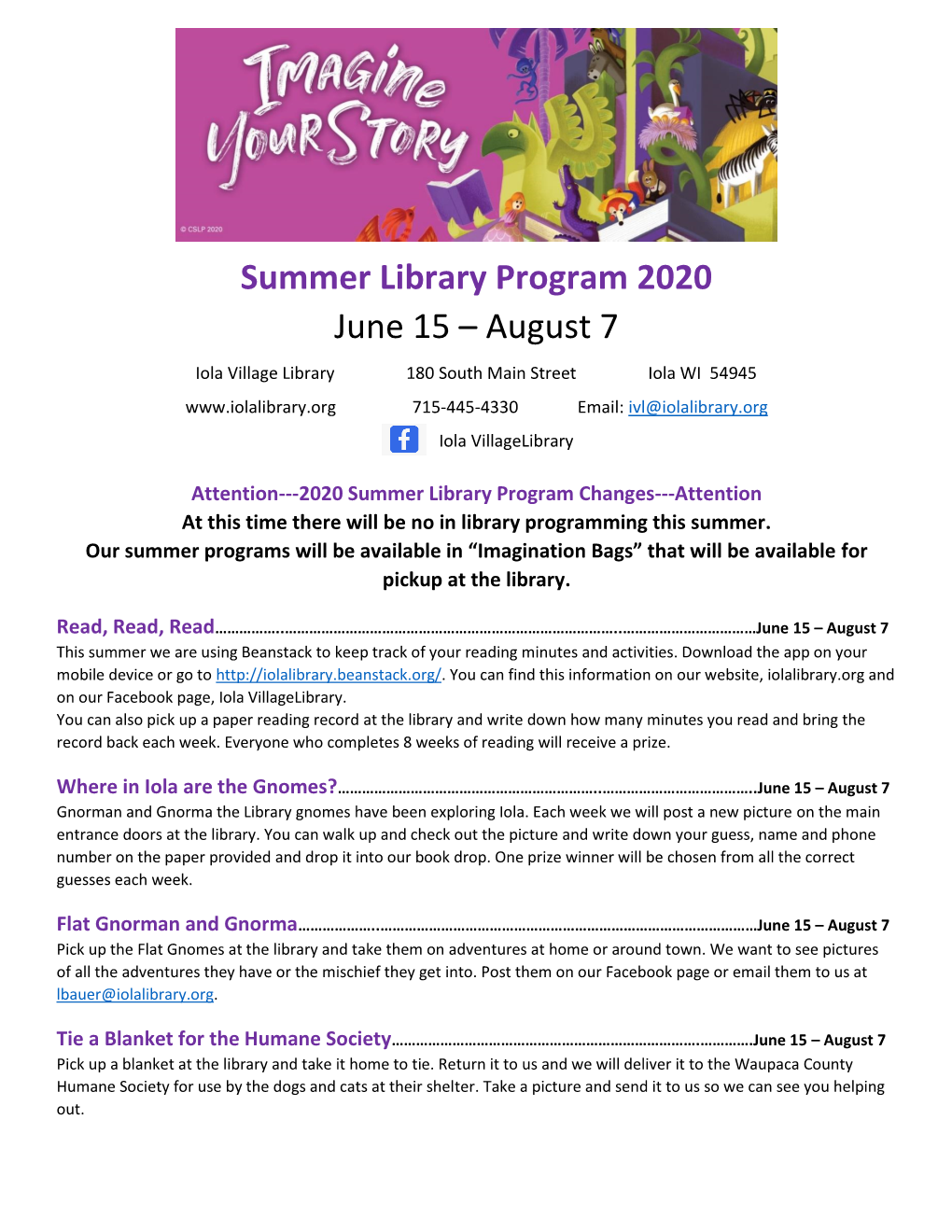 Summer Library Program 2020 June 15 – August 7