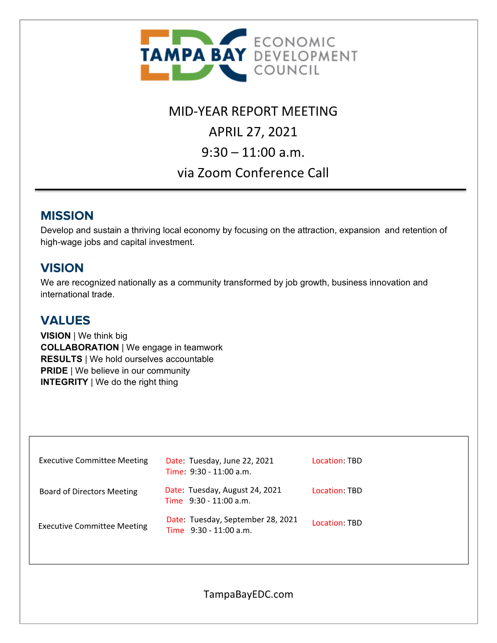 MID-YEAR REPORT MEETING APRIL 27, 2021 9:30 – 11:00 A.M